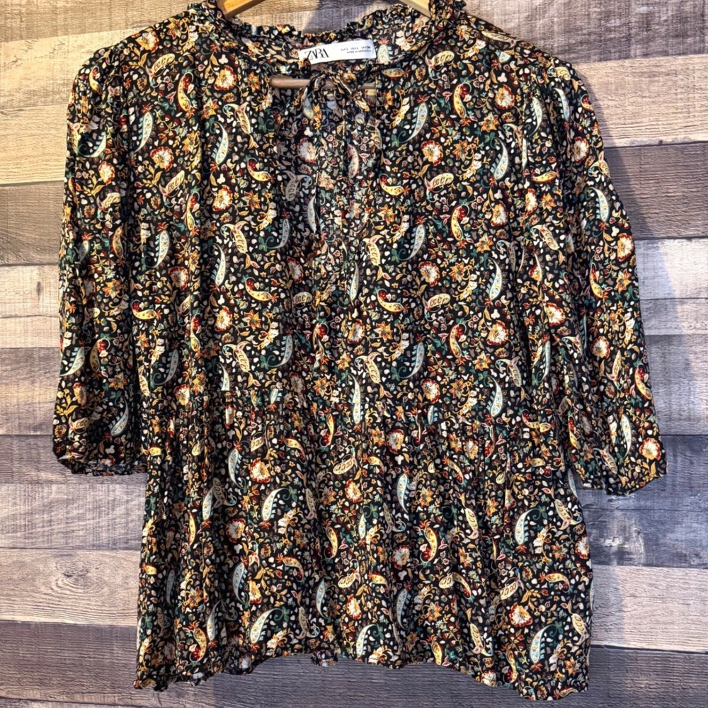 ZARA‎ Black Paisley Print Peasant Blouse Top L Boho Cottagecore